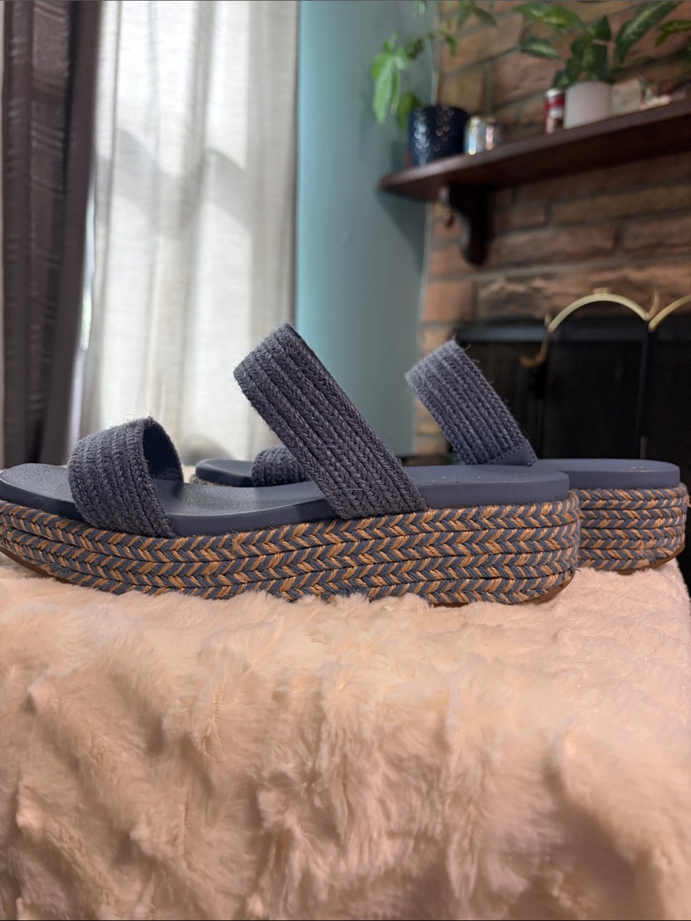 Wonderly Navy Woven Double-Strap Platform Sandal